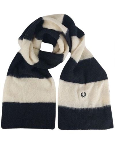 Fred Perry White And Black Striped Wool Scarf - Blue