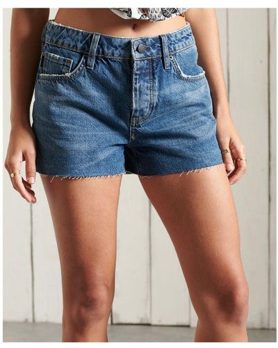 Superdry High Rise Cut Off Shorts - Blue