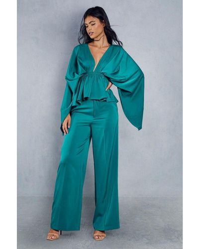 MissPap Satin Plunge Exaggerated Sleeve Wide Leg Trouser Co Ord - Blue
