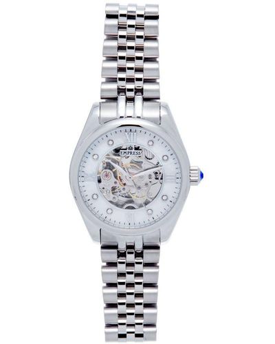 Empress Magnolia Automatic Mop Skeleton Dial Bracelet Watch Stainless Steel - White