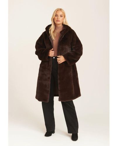 Gini London Faux Fur Hooded Longline Coat - Natural