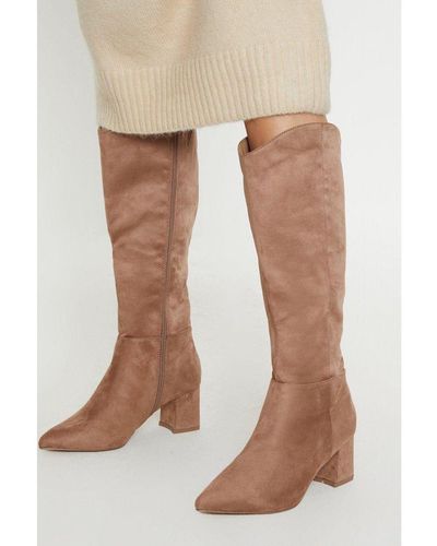 Wallis Wide Fit Halo Pointed Toe High Block Heel Western Boots - Natural