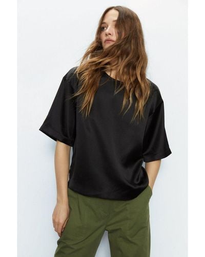 Warehouse Relaxed Fit Boxy Satin Tee - Black