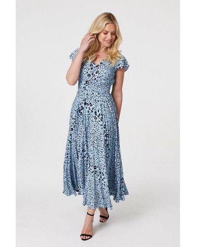 Izabel London Blue Animal Print Ruched Maxi Dress Viscose