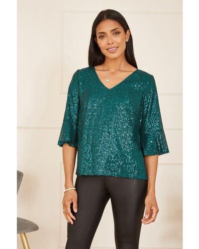 Yumi' Green Sequin Top With Fluted Sleeve