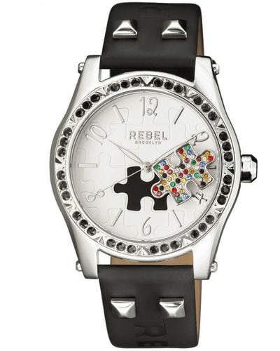 Rebel Gravesend White Dial Leather Watch - Black
