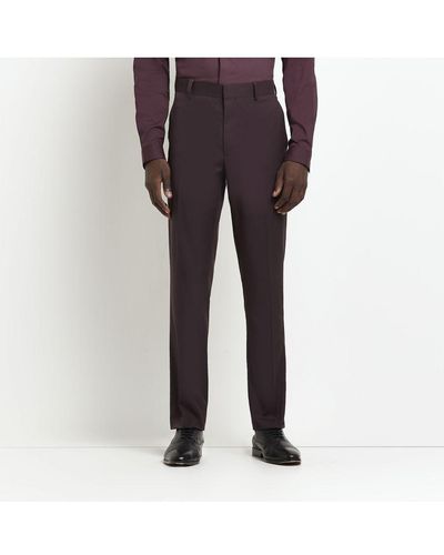 River Island Suit Trousers Burgundy Twill Slim - Red