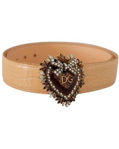 Dolce & Gabbana Beige Croc Pattern Devotion Heart Dg Waist Buckle Belt Leather - Natural