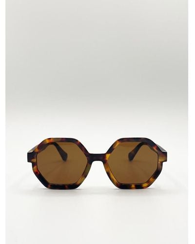 SVNX Tortoiseshell Oversized Hexagon Frame Sunglasses - Brown