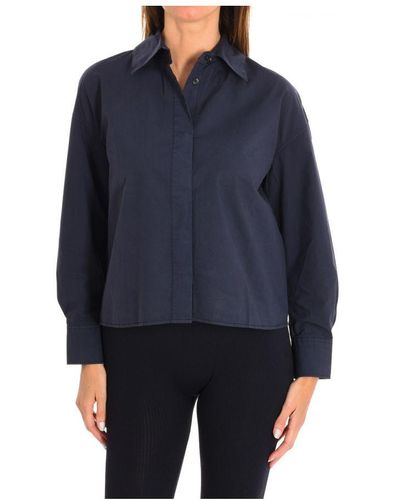 Benetton Womenss Long Sleeve Lapel Collar Shirt 5F7W5Q9U4 - Blue