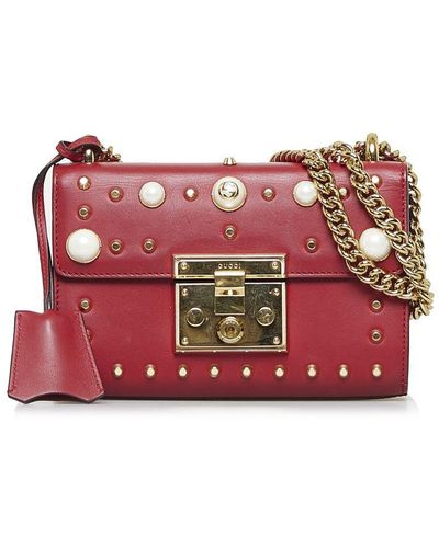 Gucci Vintage Pearl Studded Padlock Red Calf Leather