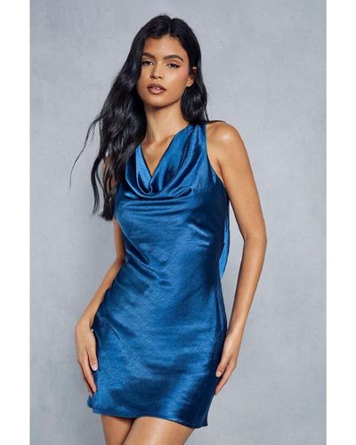 MissPap Premium Satin Cowl Strap Detail Slip Dress - Blue