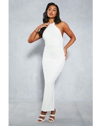 MissPap Textured Low Back Halterneck Midaxi Dress - White