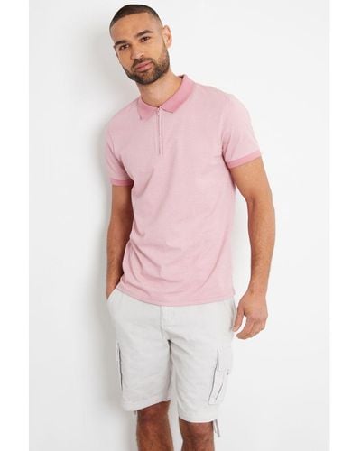 Threadbare Dusty 'Yorkshire' Cotton Geometric Print Zip Neck Polo Shirt - Pink