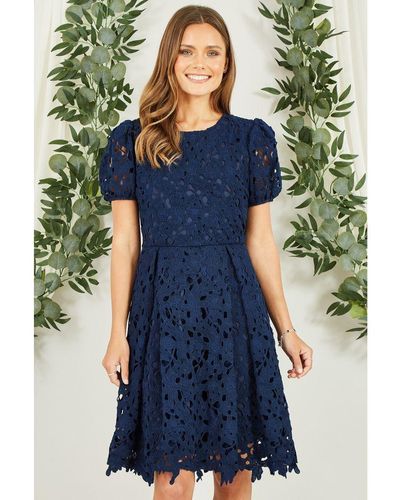 Yumi' Lace Skater Dress With Puff Sleeves - Blue