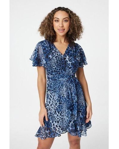 Izabel London Multi Leopard Print Short Wrap Dress - Blue