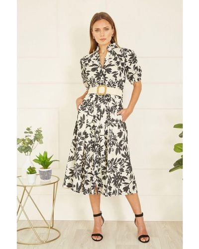 Yumi' Premium Black Leaf Print Broderie Anglaise Cotton Midi Shirt Dress With Matching Belt - Natural