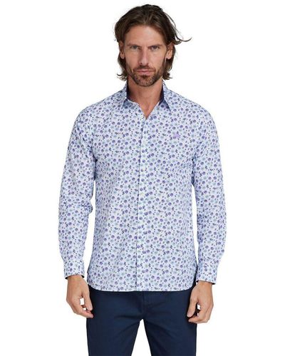 Raging Bull Long Sleeve Flower Pattern Poplin Shirt Cotton - Blue