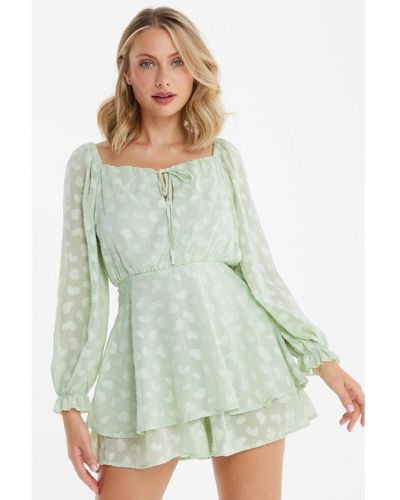 Quiz Sage Heart Print Frill Playsuit - Green