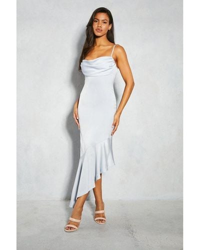 MissPap Premium Satin Draped Bust Frill Hem Midi Dress - White