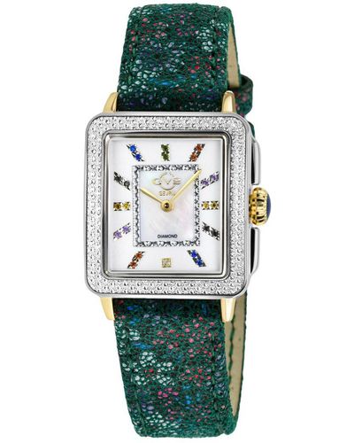 Gv2 Dames Padova Zwitserse Quartz Diamanten Witte Wijzerplaat, Groene Bloemen Lederen Horloge
