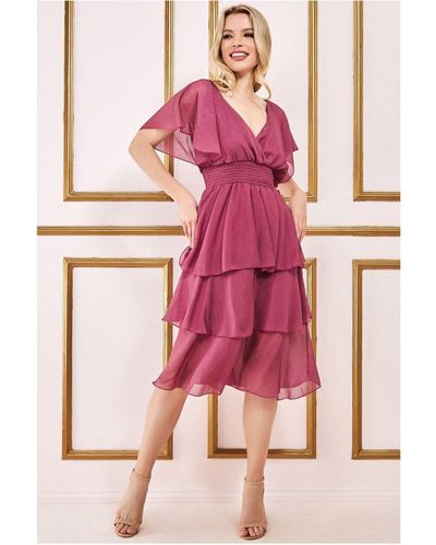 Goddiva Chiffon Layered Flutter Sleeve Midi Dress - Pink