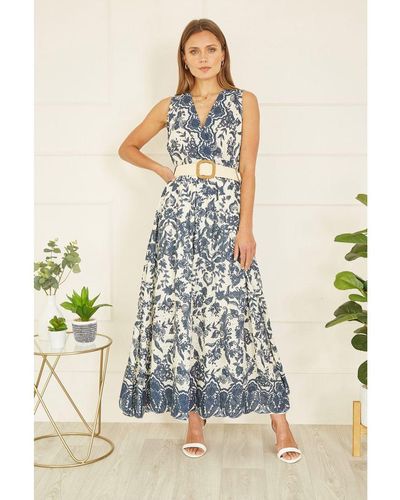 Yumi' Premium Floral Border Print Broderie Anglaise Cotton Midi Dress - Blue
