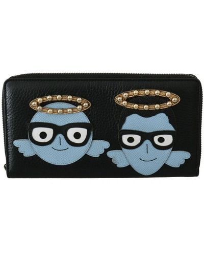 Dolce & Gabbana Black Blue Leather #dgfamily Zipper Continental Wallet