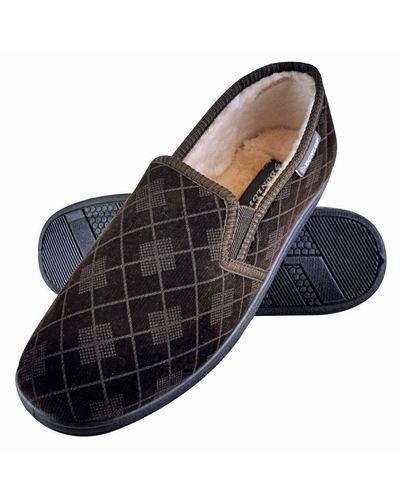 Dunlop Mens Plush Fur Lined Memory Foam Plaid Checked Moccasin Slippers With Hard Sole - Blue