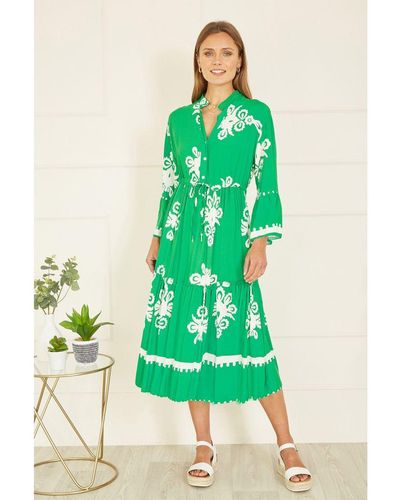 Yumi' Viscose Midi Dress With Long Sleeves - Green
