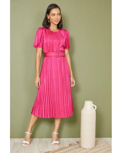 Yumi' Satin Striped Midi Dress With Pleats And Matching Belt - Pink