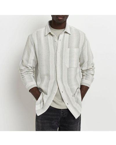 River Island Shirt Green Regular Fit Textured Stripe Cotton - White