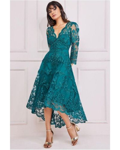 Goddiva Scalloped Lace Dipped Hem Midi Dress - Blue