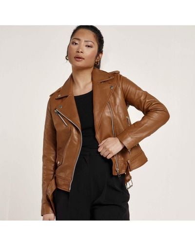 Barneys Originals Real Leather Biker Jacket - Brown