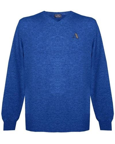 Aquascutum Lange Mouwen / V-hals Knitwear Jumper Met Logo In Blauw