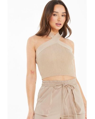 Quiz Knitted Cross Neck Crop Top Viscose - Natural