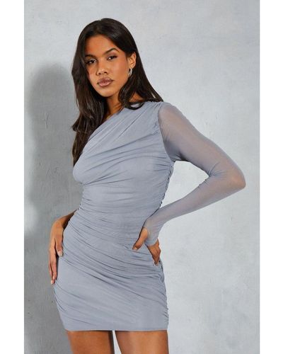 MissPap Ruched Mesh One Shoulder Mini Dress - Grey