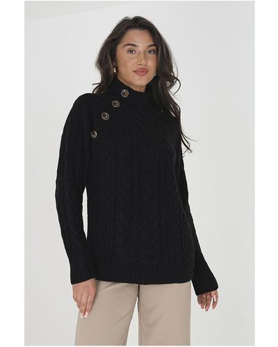 Brave Soul 'Skye' Turtle Neck Cable Knit Jumper With Button Detail - Black