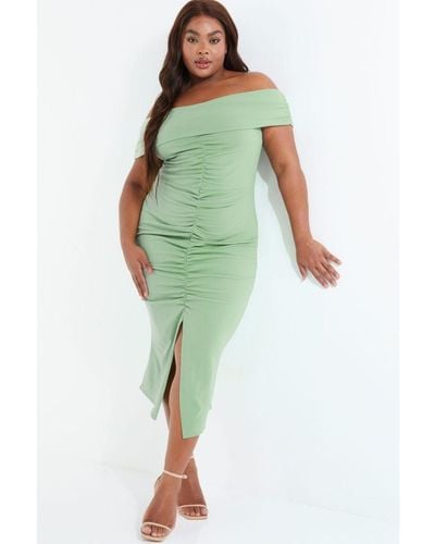 Quiz Curve Sage Ruched Bardot Midi Dress - Green