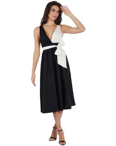 Gini London Zwart Met Contrasterende Witte Poplin Midi-jurk Met Gestrikte Taille