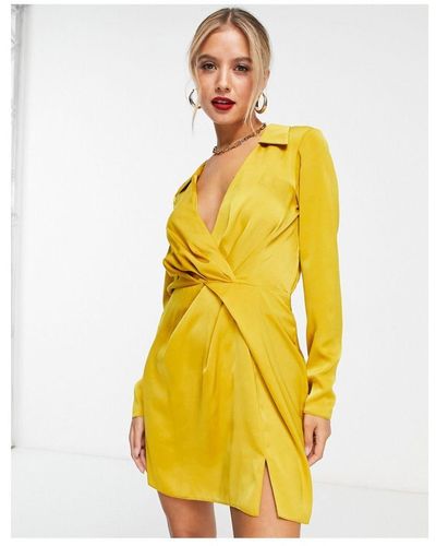 ASOS Satin Twist Mini Dress With Collar - Yellow
