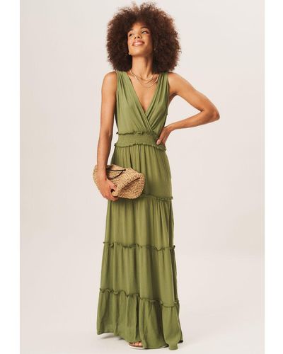 Gini London Shirred Waist Wrap Tiered Midi Dress - Green