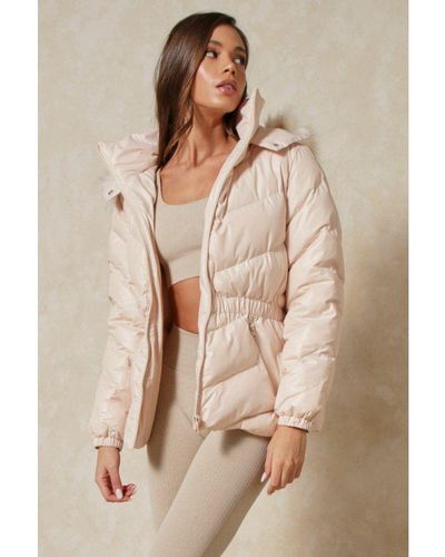 MissPap Gathered Waist Faux Fur Hooded Puffer Coat - Brown