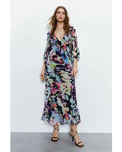 Warehouse Abstract Print Fluted Sleeve Plunge Maxi Dress - White