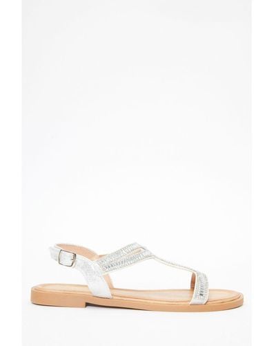 Quiz Diamante T-Bar Flat Sandals - White