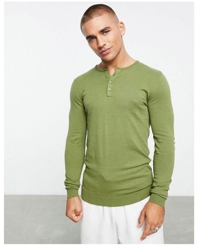 ASOS Knitted Cotton Grandad Polo - Green