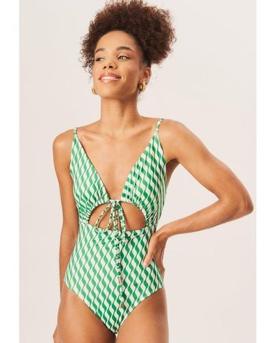 Gini London Wave Print Tie Front Swimsuit - Green