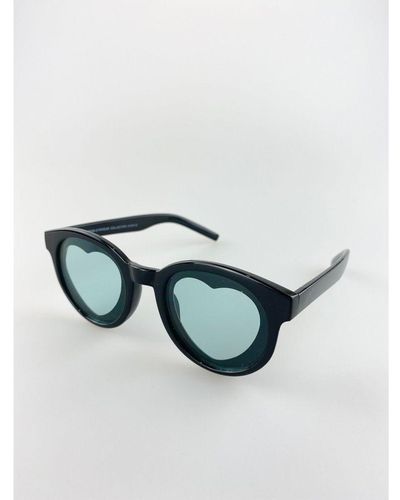 SVNX Plastic Round Frame Sunglasses With Heart Lenses - Black