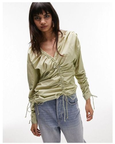 TOPSHOP Multi Channel Ruched Poplin Top - Green