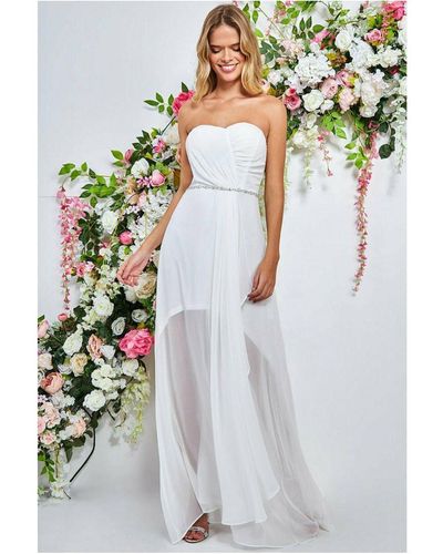 Goddiva Bardot Chiffon Wedding Dress With Belt - White